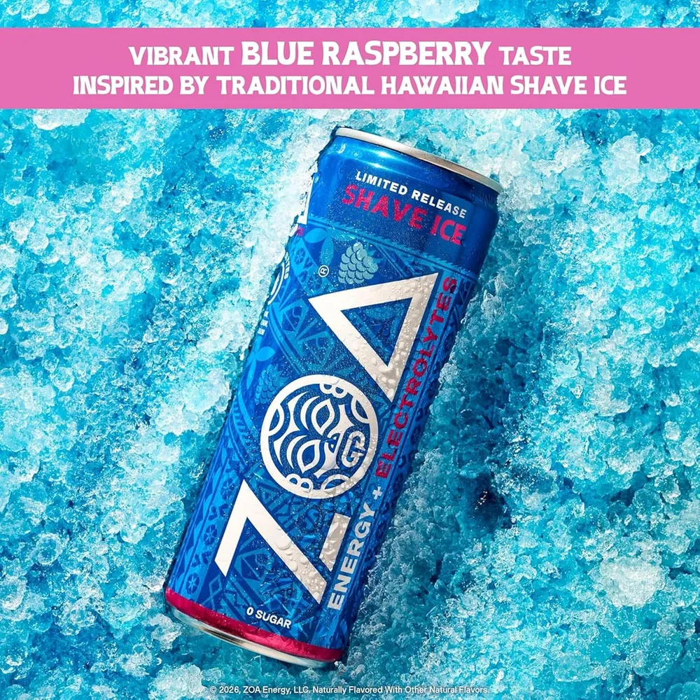 ZOA Blue Raspberry Shave Ice Tests New Electrolyte Branding zoa shave ice blue raspberry ice can